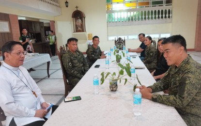 <p><strong>COURTESY CALL.</strong> Brig. Gen. Joey Escanillas (right), commander of the Philippine Army's 302nd Brigade, pays a courtesy call on Dumaguete Bishop Julito Cortes on Wednesday (Oct. 12, 2023). Both parties agreed to revive the Church, Military, and Police Advisory Group. <em>(PNA photo by Mary Judaline Flores Partlow)</em></p>