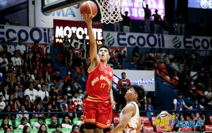 <p><strong>LAYING UP.</strong> Reggz Gabat of San Sebastian College-Recoletos scores on a layup during the game against Emilio Aguinaldo College in the National Collegiate Athletic Association (NCAA) Season 99 men's basketball at the Filoil EcoOil Arena in San Juan on October 15, 2023. The Stags won, 86-70, to boost their Final Four chances. <em>(NCAA photo)</em></p>