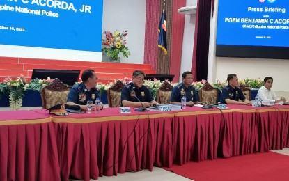 <p><strong>PEACEFUL POLLS. </strong>Top officials of the Philippine National Police (PNP) hold a press briefing shortly after their last command conference for the 2023 BSKE in Camp Crame on Monday (Oct. 16, 2023). The police force said only 15 out of the total of 85 incidents it has recorded nationwide during the period for the Oct. 30 BSKE have been confirmed as election-related incidents. <em>(PNA photo by Lloyd Caliwan)</em></p>