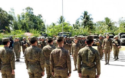 <p><strong>AUGMENTATION FORCE</strong>. Four platoons of Army soldiers stand in formation in preparation for their travel to Negros Oriental on Monday (Oct. 17, 2023) to augment the existing force for the Barangay and Sangguniang Kabataan Elections on Oct. 30. Visayas Command chief Lt. Gen. Benedict Arevalo said the additional troops will ensure the safety and security of the people in Negros Oriental during the elections. <em>(Photo courtesy of Viscom PIO)</em></p>