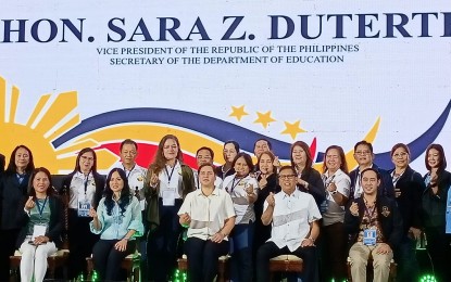 <p><strong>MATATAG.</strong> Vice President and Education Secretary Sara Z. Duterte poses for a photo with Malabon City Schools Division staff and other local officials during the 424th Anniversary of Malabon City on May 21, 2023. The schools division on Wednesday (Oct. 18) shared with senators how their teachers learned new approaches from the Department of Education’s MATATAG Curriculum. <em>(Photo courtesy of Malabon City SDO FB Page)</em></p>