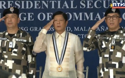 <p><strong>CHANGE OF COMMAND.</strong> President Ferdinand R. Marcos Jr. leads the Presidential Security Group (PSG) Change of Command Ceremony at the PSG Grandstand in Malacañang Park, Manila on Wednesday (Oct. 18, 2023). During the ceremony, Marcos presented the Distinguished Service Star to outgoing PSG commander Brig. Gen. Ramon Zagala for the latter’s "valuable and exceptional" service. <em>(Screenshot from Radio Television Malacañang)</em></p>