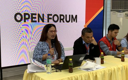<p><strong>SBSI VALIDATION.</strong> Jessie Catherine Aranas (left), chief of the Protective Services Division of DSWD in the Caraga Region, in a press conference on Oct. 19, 2023, in Butuan City, says validation is still ongoing on the reported giving of social benefits to the Socorro Bayanihan Services Inc. At least three senior citizens and 14 beneficiaries of 4Ps program members from SBSI confirmed giving donations to the group out of the stipends they received from DSWD.<em> (PNA photo by Alexander Lopez)</em></p>