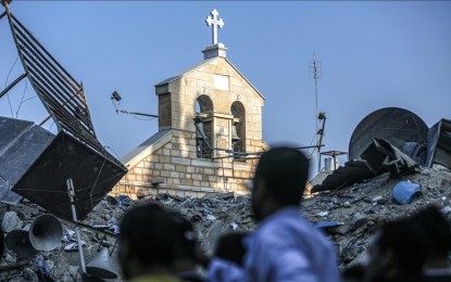 <p><strong>DEVASTATION.</strong> The damaged historical Greek Orthodox Saint Porphyrius Church, where civilians took shelter, after an Israeli airstrike in Gaza City, Gaza on Friday (Oct. 20, 2023). The Israeli army acknowledged it inflicted the damage when its forces targeted a site that was "close to" a Hamas commander in Gaza.<em> (Anadolu)</em></p>