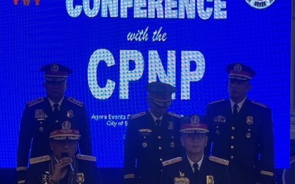 <div dir="auto"><strong>POLICE SERVICE CELEBRATION</strong>. Philippine National Police chief Gen. Benjamin Acorda Jr. (left, seated) and Ilocos Police Regional Office director Brig. Gen. John Chua face the media at Poro Point, City of San Fernando, La Union on Friday (Oct. 20, 2023). Acorda handed recognitions to outstanding police personnel and units in the region. <em>(Photo courtesy of PRO-1)</em></div>
