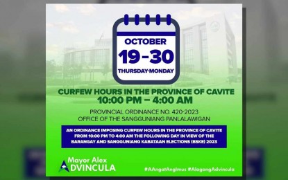 <p><strong>CURFEW IN CAVITE</strong>. A provincewide curfew is in effect in Cavite ahead of the Barangay and Sangguniang Kabataan Elections (BSKE) on Oct. 30, 2023. Imus Mayor Alex Advincula reminded residents that the curfew is in force between 10 p.m. to 4 a.m. <em>(Infographic from the FB page of Mayor Alex Advincula)</em></p>