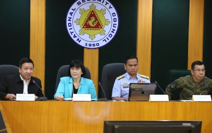 <p><strong>DANGEROUS MANEUVERS.</strong> The National Security Council holds a press briefing on Monday (Oct. 23, 2023) to discuss the dangerous blocking maneuvers of the China Coast Guard and Chinese maritime militia vessels that led to a collision with a Philippine resupply boat near Ayungin Shoal on Oct. 22. (From left) National Task Force for the West Philippine Sea spokesperson Jonathan Malaya, Department of Foreign Affairs spokesperson Teresita Daza, Philippine Coast Guard spokesperson for the West Philippine Sea Comm. Jay Tarriela and Armed Forces of the Philippines spokesperson Col. Medel Aguilar face the media. <em>(PNA photo by Joey Razon)</em></p>