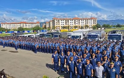 <p><strong>SECURING POLLS</strong>. Some of the 12,000 uniformed personnel who will secure the Barangay and Sangguniang Kabataan Elections in Cebu, Bohol, Negros Oriental, and Siquijor stand in formation during the send-off ceremony on Monday (Oct. 23, 2023) at the South Road Properties’ World Tent City in Cebu City. Comelec-7 Regional Director, Lawyer Lionel Castillano, received the forces as well as their resources to be deployed for safe and free BSKE in Central Visayas.<em> (Screenshot from PRO-7 video)</em></p>