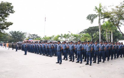 <p><strong>DEPLOYMENT.</strong> More than 13,000 police personnel have been deployed throughout Central Luzon to ensure peaceful and orderly Barangay and Sangguniang Kabataan Elections (BSKE) on Oct. 30, 2023. A send-off ceremony, along with the handover of resources and forces, was held Monday (Oct. 23, 2023) at Camp Olivas, City of San Fernando in Pampanga, attended by the members of the Philippine National Police, Armed Forces of the Philippines, Philippine Coast Guard and Bureau of Fire Protection. <em>(Photo courtesy of PRO-3)</em></p>