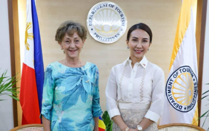 <p><strong>TOURISM TIES.</strong> Romanian Ambassador to the Philippines Răduţa Dana Matache (left) pays a courtesy call on Tourism Secretary Christina Garcia Frasco at the department's office in Makati on Oct. 24, 2023. Frasco on Wednesday (Oct. 25) said Romania is keen to develop ties with the Philippines in the area of tourism as it expressed its interest in helping the country promote its emerging destinations.<em> (Photo courtesy of DOT)</em></p>