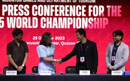 <p class="s10"><strong>ESPORTS.</strong> DOT Director for Sports and Film Tourism Robby Alabado III (from left to right), DOT chief of staff and Undersecretary for Legal and Special Concerns Mae Elaine Bathan, MOONTON Games Philippine Esports Head Logan Shaw, MOONTON Games regional public relations manager Keith Medrano during the signing of a memorandum of agreement (MOA) in Quezon City on Wednesday (Oct. 25, 2023). The MOA will allow the two sides to partner and craft tour packages for fans visiting the Philippines for M5 in December 2023.<em> (Photo by Joey Razon)</em></p>