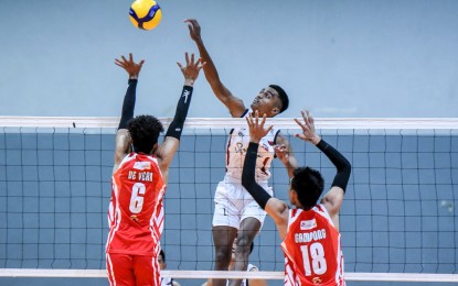 <p><strong>DOMINANCE.</strong> Vince Virrey Himzon of Saints and Lattes-Letran against Levi De Vera and Alihfaisal Gampong of Santa Rosa City during the Spikers’ Turf Invitational Conference at the Paco Arena in Manila on Wednesday (Oct. 25, 2023). Himzon scored 15 points, highlighted by 12 attacks and three aces to lift Letran beat Santa Rosa in three straight sets. <em>(PVL Images)</em></p>