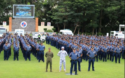 <p><strong>READY</strong>. The personnel of Police Regional Office 1, Philippine Army and Philippine Coast Guard during the send-off ceremony on Oct. 23, 2023 at the Ilocos Police Regional Office in San Fernando City, La Union. Some 8,133 police have been deployed all over the region ahead of the Oct. 30 Barangay and Sangguniang Kabataan Elections. <em>(Photo courtesy of PRO-1)</em></p>