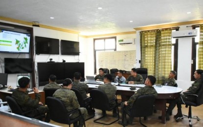 <p><strong>MONITORING CENTER</strong>. Visayas Command officials, headed by Lt. Gen. Benedict Arevalo, hold real-time monitoring of troops deployment in the three regions of the central Philippines, as it opens the Election Monitoring Center at their headquarters at Camp Lapulapu in Cebu City on Saturday (Oct. 28, 2023). Arevalo said the EMC is equipped with high-end communications and IT equipment to ensure unhampered communication during the Barangay and Sangguniang Kabataan Election on Monday. <em>(Photo courtesy of Viscom PIO)</em></p>