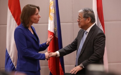 <p><strong>NEW ZEALAND SUPPORT</strong>. Dutch Minister of Foreign Affairs Hanke Bruins Slot and Foreign Affairs Secretary Enrique Manalo on the sidelines of their bilateral meeting in Manila on Monday (Oct. 30, 2023). Bruins Slot said New Zealand supports the Philippines in calling for the observance of the international law in the South China Sea. <em>(PNA Photo by Avito Dalan)</em></p>