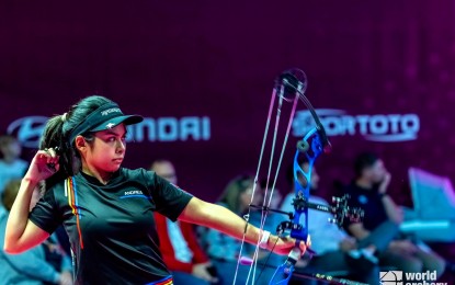 <p><strong>AIMING FOR THE OLYMPICS</strong>. Top compound player Andrea Lucia Robles in action during the Indoor World Series (IWS) Stage 1 in Lausanne, Switzerland on October 29, 2023. After winning the bronze medal in the event, Robles is setting her sights on the 23rd Asian Archery Championships, which serves as a qualifier for the 2024 Paris Olympics. <em>(Photo courtesy of World Archery)</em></p>