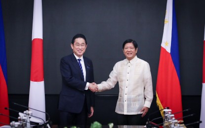 <p><strong>BILATERAL MEETING</strong>. President Ferdinand R. Marcos Jr. and Japanese Prime Minister Fumio Kishida shake hands after their bilateral meeting at Malacañan Palace on Friday (Nov. 3, 2023). Marcos and Kishida have decided to commence negotiations on a Reciprocal Access Agreement (RAA) between the two countries. <em>(PNA Photo by Rey Baniquet)</em></p>