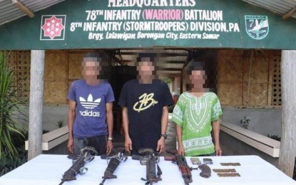 <p><strong>‘DEVASTATING LOSSES’.</strong> Three of the 25 New People's Army (NPA) combatants who surrendered to the Philippine Army in Eastern Samar in October. The Visayas Command said Friday (Nov. 3, 2023) the Communist Party of the Philippines - NPA suffered devastating losses last month as 28 rebels were neutralized during encounters. <em>(Photo courtesy of Viscom PIO)</em></p>