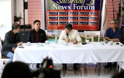 <p><strong>REPATRIATION</strong>. Department of Foreign Affairs Undersecretary Eduardo de Vega (3rd from left) discusses with the members of the media the repatriation plan of the government for Filipinos stranded in the war-torn Gaza Strip during a forum in Quezon City on Saturday (Nov. 4, 2023). He is joined by Department of Agriculture Assistant Secretary Arnel de Mesa (2nd from left). <em>(PNA photo by Robert Oswald P. Alfiler)</em></p>
<p class="p2"> </p>
<p class="p2"> </p>