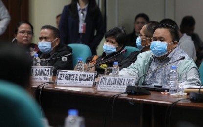 <p><strong>SENATE PROBE. </strong>Socorro Bayanihan Services, Inc. (SBSI) president Jey Rence Quilario or known as "Senior Agila" (right), attends the second public inquiry of the Senate Committee on Public Order and Dangerous Drugs on Tuesday (Nov. 7, 2023). The Senate probe is looking into the illegal activities allegedly committed by SBSI officials in Sitio Kapihan, Sering, Socorro, Surigao del Norte. <em>(PNA photo by Avito Dalan) </em></p>