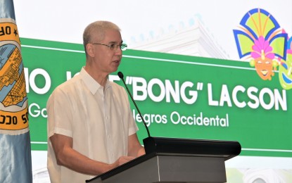<p><strong>SUPPORT FOR MIGRANT WORKERS</strong>. Negros Occidental Governor Eugenio Jose Lacson speaks at the opening event of the Month of Overseas Filipinos and Migrant Fair at the SMX Convention Center in Bacolod City on Wednesday (Nov. 8, 2023). “Your stories inspire us all. Rest assured that your provincial government is committed to providing assistance and support to you,” Lacson said in his message for Negrense OFWs. (<em>Photo courtesy of PIO Negros Occidental</em>)</p>