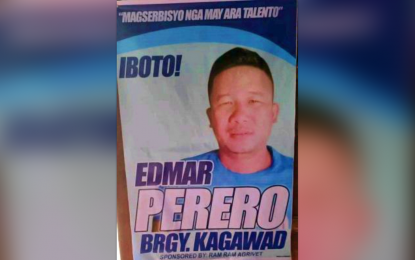 <p><strong>SLAIN.</strong> A political campaign poster of Edmar M. Perero, who was recently elected village councilman in Antipas town, North Cotabato. Perero was shot dead on Tuesday morning (Nov. 6, 2023) as he was on board a tricycle on his way to Barangay Magsaysay. <em>(Photo courtesy of Glizzamay Lacatan)</em></p>