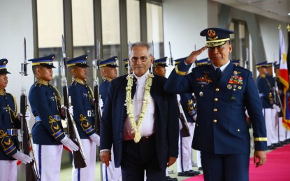 <p><strong>STATE VISIT.</strong> Timor-Leste President José Ramos-Horta (left) arrives at the Ninoy Aquino International Airport in Pasay City on Wednesday (Nov. 8, 2023) for a state visit. He is set to meet with President Ferdinand R. Marcos Jr. at Malacañan Palace in Manila on Friday (Nov. 10).<em> (PNA photo by Joan Bondoc)</em></p>