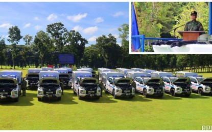 <p><strong>OPERATIONAL EFFICIENCY.</strong> Twenty police vehicles are distributed to various police provincial offices across the Bangsamoro Autonomous Region in Muslim Mindanao (BARMM) to improve police operational efficiency in the region. Brig. Gen. Allan Nobleza, the BARMM police director (inset), leads the turnover of these vehicles and modern security equipment Thursday (Nov. 9, 2023) at Camp SK Pendatun in Parang town, Maguindanao del Norte. <em>(Photo by PRO-BARMM)</em></p>