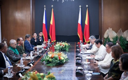 <p><strong>BILATERAL MEETING.</strong> President Ferdinand R. Marcos Jr. and Timor-Leste President José Ramos-Horta hold a bilateral meeting at the State Dining Room of Malacañan Palace in Manila on Friday (Nov. 10, 2023). During the meeting, Marcos expressed optimism that Ramos-Horta’s state visit to the Philippines would further elevate the ties between Manila and Dili. <em>(PNA photo by Rey Baniquet)</em></p>