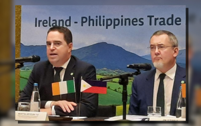 <p><strong>TRADE MISSION</strong>. Minister of State at the Department of Agriculture, Food and the Marine Martin Heydon T.D. (left) and Irish Food Board chief executive officer Jim O'Toole speak at a press briefing in Taguig City on Thursday (Nov. 9, 2023). They are leading Ireland's first high-level mission to the Philippines.<em> (PNA photo by Kris Crismundo)</em></p>