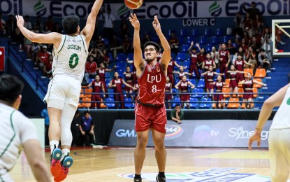 <p><strong>SAVIOR</strong>. Jearolan Omandac of the Lyceum of the Philippines University makes a shot during the game against the College of St. Benilde in the NCAA Season 99 men's basketball tournament at the Filoil EcoOil Arena in San Juan on Friday (Nov. 10, 2023). Omandac's three-pointer helped the Pirates conquer the Blazers, 84-81, and gain a share of the lead with the Mapua Cardinals. <em>(Photo courtesy of NCAA)</em></p>