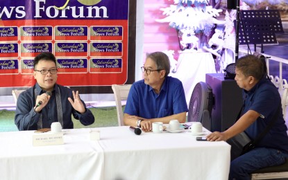 <p><strong>ATTAINABLE GROWTH. </strong> Economist Michael Ricarfort of Rizal Commercial Banking Corporation (RCBC) (left) discusses the country's economic growth during a forum in Quezon City on Saturday (Nov. 11, 2023).  Ricarfort was optimistic that the Philippines' gross domestic product (GDP) could expand by 6.5 percent to 7 percent in the October-November period.<em>(PNA photo by Robert Oswald P. Alfiler)</em></p>
