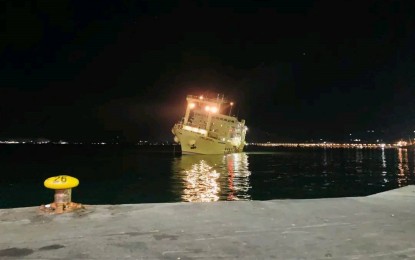 <p><strong>BACK TO SAFETY.</strong> The MV Filipinas Cagayan is seen listing to its side while anchored near the coast of Macabalan in Cagayan de Oro City on Monday (Nov. 13, 2023). The vessel was carrying over 400 passengers when they tilted to the left while traveling from Cagayan de Oro City to Cebu City, which prompted the Philippine Coast Guard to investigate its alleged ballast tank malfunction. <em>(Photo courtesy of PCG-Central Visayas)</em></p>