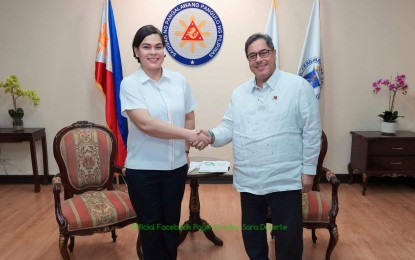 <p><strong>DEPED-DOH PARTNERSHIP. </strong>Vice President and Education Secretary Sara Z. Duterte (left), and Health Secretary Ted Herbosa (right) meet on Monday (Nov. 13, 2023) and discuss strategies in addressing clustering of influenza-like illnesses (ILI) in schools. They also tackled the reported HIV/AIDS incidences among school-aged children, teenage pregnancies, mental wellness of students, among other health issues. <em>(Photo courtesy of OVP) </em></p>