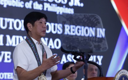 <p><strong>GREATER COOPERATION.</strong> President Ferdinand R. Marcos Jr. on Tuesday (Nov. 14, 2023) delivers a speech during the inaugural Bangsamoro Autonomous Region in Muslim Mindanao (BARMM) Local Legislative General Assembly at the Acacia Hotel in Davao City. Marcos said greater cooperation and coordination between the national and BARMM governments are expected following the establishment of seven intergovernmental mechanisms. <em>(PNA photo by Alfred Frias)</em></p>