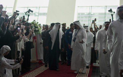 <p><strong>GMC 2023.</strong> Mohammed Jalal Al Rayssi, Director-General of Emirates News Agency (right) on Tuesday (Nov. 14, 2023) leads Sheikh Nahyan bin Mubarak Al Nahyan (left), Minister of Tolerance and Coexistence of the United Arab Emirates, through the exhibition hall in Abu Dhabi. The minister highlighted the impact of media in fostering international cooperation and shaping attitudes and perceptions, noting that their work must reflect important values such as "honesty, integrity, peace, and non-violence. <em>(PNA photo)</em></p>