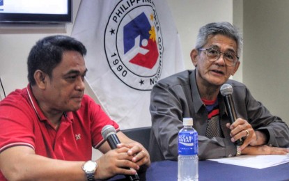 <p><strong>INDIGENOUS GAMES.</strong> Philippine Sports Commission Commissioner Matthew "Fritz" Gaston (right) talks about the Indigenous Peoples (IP) Games during the Tabloids Organization in Philippine Sports, Inc. (TOPS) “Usapang Sports’ at the PSC Conference Room in Rizal Memorial Sports Complex on Thursday (Nov. 16, 2023). The IP Games will be held on Nov. 18-19 in Puerto Princesa, Palawan. Also in photo is TOPS secretary Edwin Rollon of Metropoler. <em>(Contributed photo)</em></p>