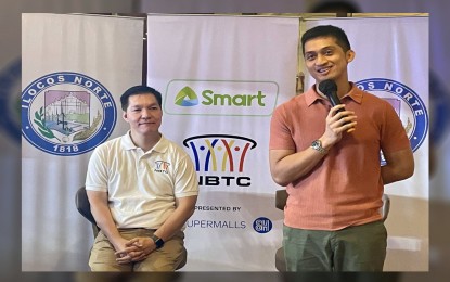 <p><strong>HOOPLA</strong>. National Basketball Training Center director Eric Altamirano (left) and Ilocos Norte Governor Matthew Manotoc launch the 2024 NBTC season at Mall of Asia Arena in Pasay City on Thursday (Nov. 16, 2023). The inaugural leg of the regional championship will be held in Laoag City on Jan. 18 to 21, 2024. <em>(PNA photo by Leilanie Adriano)</em></p>