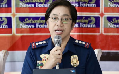 <p><strong>WHAT THREATS?</strong> Philippine National Police spokesperson Col. Jean Fajardo speaks to reporters during the Saturday News Forum in Quezon City on Nov. 18, 2023. Fajardo downplayed rumors of destabilization against the Marcos administration. <em>(PNA photo by Robert Alfiler)</em></p>