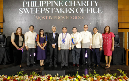 <p><strong>MOST IMPROVED.</strong> The Governance Commission for GOCCs (GCG) named Philippine Charity Sweepstakes Office (PCSO) as one of the most improved and best performing government-owned and controlled corporations (GOCCs) during the inaugural GOCC Governance Awards ceremony held at the Philippine International Convention Center on Nov. 20, 2023. The PCSO generated gross receipts of PHP57.51 billion, surpassing its PHP46.1 billion target in 2022 by 125 percent. <em>(Photo courtesy of PCSO)</em></p>