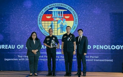 <p><strong>TOP PERFORMER.</strong> BJMP chief, Jail Director Ruel Rivera (2nd from left) and spokesperson, Jail Chief Insp. Jayrex Bustinera (2nd from right) receive the "Top Requested and Performing Agencies" award during the 2023 Freedom of Information (FOI) Awards at the Hilton Hotel Manila on Nov. 21, 2023. Organized by the Presidential Communications Office, the annual FOI Awards seeks to recognize the remarkable contributions of government offices in the executive branch, including government-owned and controlled corporations (GOCCs), and state universities and colleges (SUCs) to the development and progress of the FOI program.<em> (Photo courtesy of the BJMP)</em></p>