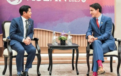 <p><strong>VISIT CANADA.</strong> President Ferdinand R. Marcos Jr. and Canadian Prime Minister Justin Trudeau at the Philippine-Canada bilateral meeting on the sidelines of the 43rd ASEAN Summit and Related Summits at Jakarta Convention Center in Indonesia last September. Marcos has accepted Trudeau’s invitation to visit Canada, with the two governments now in talks for a specific date, Canadian Ambassador to the Philippines David Hartman said Friday (Nov. 24, 2023). <em>(Photo courtesy of PCO)</em></p>