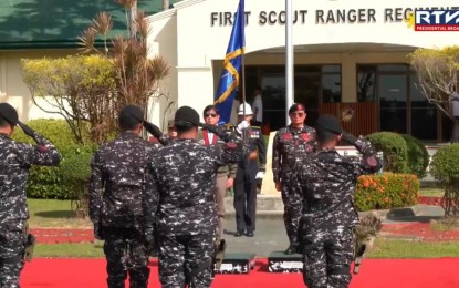 <p><strong>ELITE FORCES.</strong> President Ferdinand R. Marcos Jr. leads the 73rd founding anniversary of the First Scout Ranger Regiment (FSSR) of the Philippine Army at Camp Tecson in San Miguel, Bulacan on Saturday (Nov. 25, 2023). Marcos said the FSSR’s specialized skills in warfare, counterterrorism, and special operations make them indispensable to national security. <em>(Screenshot from Radio Television Malacañang)</em></p>