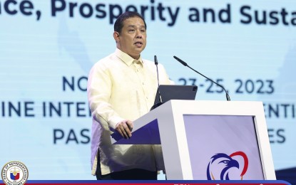 <p><strong>PARLIAMENTARIAN. </strong>House Speaker Martin Romualdez delivers a speech at the 31st annual meeting of the Asia Pacific Parliamentary Forum (APPF) in Pasay City on Saturday (Nov. 25, 2023). He underscored the importance of the meeting whose primary objective is to promote understanding, collaboration and advance of peace and development in the region.  <em>(Photo courtesy of the House of Representatives)</em></p>