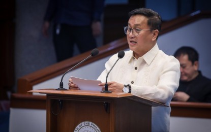 <p><strong>MARITIME ZONES ACT</strong>. Senator Francis Tolentino presents Senate Bill No. 2492 or the Philippine Maritime Zones Act during plenary session on Tuesday (Nov. 28, 2023). He emphasized the importance of a maritime zones law in an archipelagic nation. <em>(Photo courtesy of Senate PRIB) </em></p>