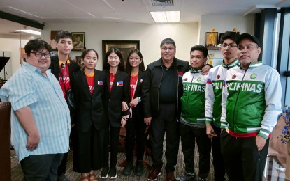 <p><strong>COURTESY CALL.</strong> Members of the Philippine team that took part in the World Youth Chess Championships pay a courtesy call on National Chess Federation of the Philippines (NCFP) chairman and president Rep. Prospero Arreza Pichay Jr. (4th from right) in his Makati office in this undated photo. Second from right is Christian Gian Karlo Arca, who won the gold medal in the Open Blitz, a side event of the World Youth Chess Championships held in Montesilvano, Italy on Nov. 12-24, 2023.<em> (Contributed photo)</em></p>