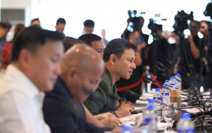 <p><strong>CONFIDENTIAL FUND. </strong>Senator Sonny Angara (right), leads on Thursday (Nov. 30, 2023) the Senate contingent to the bicameral conference with the House of Representatives at the Manila Golf and Country Club in Makati City to discuss the provisions of House Bill No. 8980 or the 2024 General Appropriations Act. The bicam is eyeing to restore the proposed PHP300 million confidential fund of the Department of Information and Communications Technology. <em>(Photo courtesy of Office of Senator Sonny Angara) </em></p>