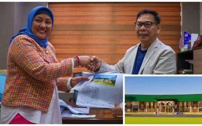 <p><strong>DREAM COME TRUE.</strong> Mayor Suraida Muksin (left)of the island municipality of Mapun in Tawi-Tawi receives part of the PHP30 million fund from BARMM Interior Minister Naguib Sinarimbo for the construction of a modern town hall in her area on Thursday (Nov. 30, 2023) in Cotabato City. The mayor says she has long been dreaming for her town to be a recipient of town hall (inset) building projects. <em>(Photo courtesy of MILG-BARMM)</em></p>