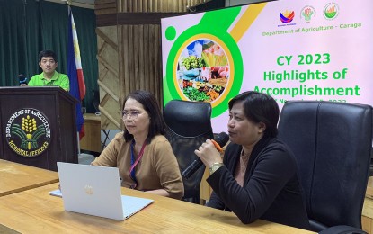 <p><strong>INCREASED PRODUCTION.</strong> Department of Agriculture - Caraga's Melody Guimary (right), chief of the Field Operations Division, and Josefa Gidacan, chief of the Planning, Monitoring and Evaluation Division, present to the media their accomplishments during a press conference in Butuan City on Friday (Dec. 1, 2023). Among the highlights are the increase in rice and corn production. <em>(PNA photo by Alexander Lopez)</em></p>