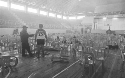<p><strong>POST-BLAST SCENARIO.</strong> The blast site inside the MSU gymnasium after an improvised explosive device went off during a Roman Catholic mass at 7 a.m. Sunday (Dec. 3, 2023) in Marawi City. At least four persons were killed while 50 others were wounded in the incident. <em>(Photo courtesy of Lanao Sur PPO)</em></p>